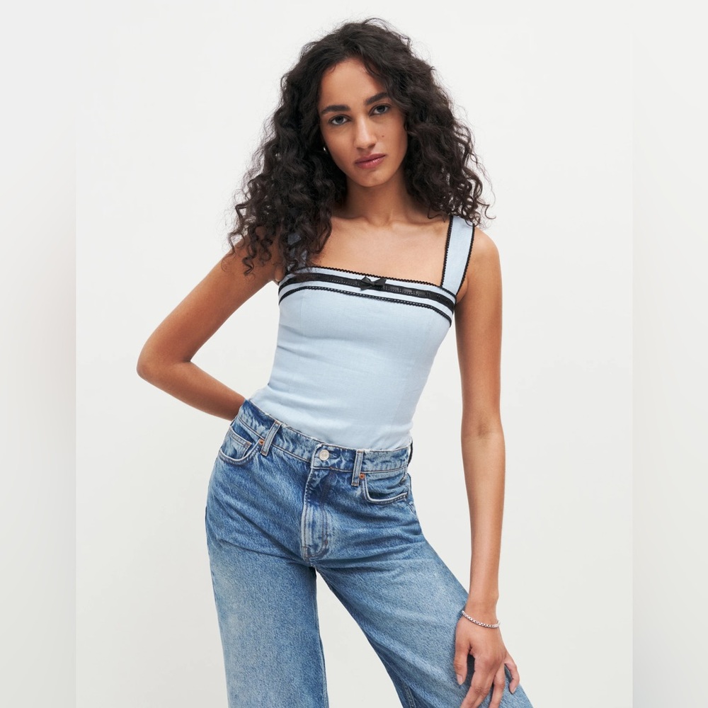 Reformation Eloise linen top in mineral blue / size 6